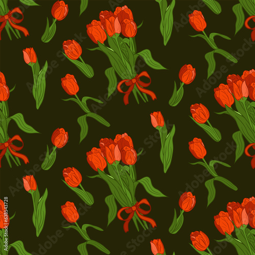 Flat vector bunch of red tulips seamless pattern. Bouquet of flowers with red ribbon and separate flowers on dark background. Ideal for wrapping paper  background  wallpaper  textile  banner