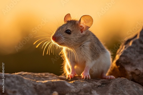 A rodent on a stone in the evening sun, seen sideways and isolated. Generative AI © Elina