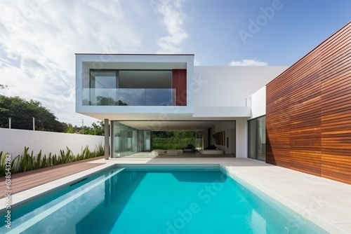Modern home with pool in luxurious setting. Generative AI © Christopher