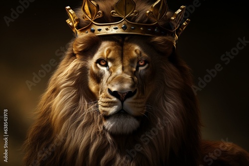An image depicting a majestic lion wearing a crown. Generative AI