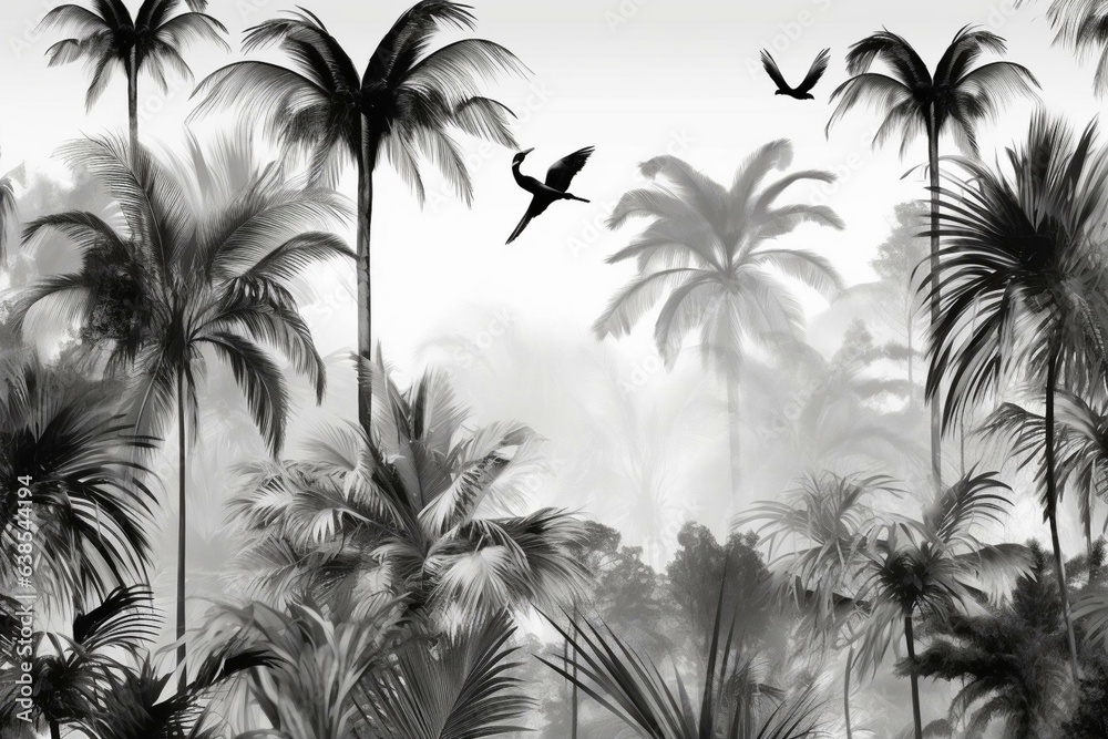 Palm trees, mountains, birds on black and white wallpaper. Generative AI