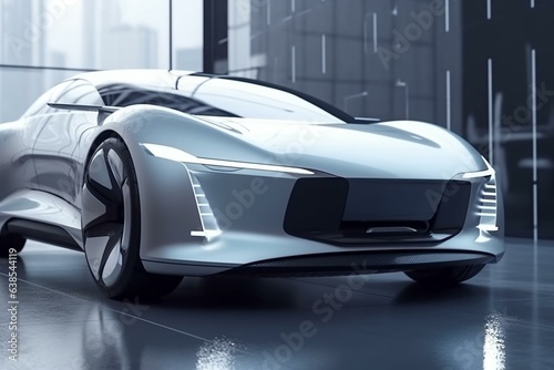A futuristic silver electric car is parked in the background. Generative AI