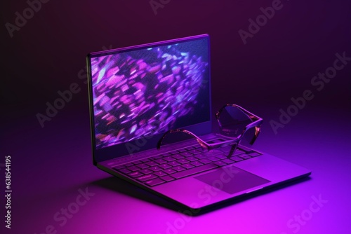 3D rendered laptop on bright purple background, representing virtual reality and futuristic technology. Generative AI
