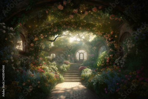 Fotografia An enchanting, secretive garden full of floral archways and abundant greenery, resembling a fairy tale