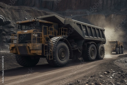 Extraction of magnetite and iron ore from open-pit mines, loading onto large trucks. Generative AI photo