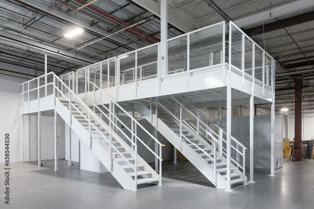 An independent industrial mezzanine in white with temporary design, stairs, and equipment. Generative AI - obrazy, fototapety, plakaty 