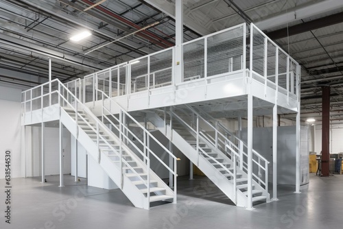 An independent industrial mezzanine in white with temporary design, stairs, and equipment. Generative AI