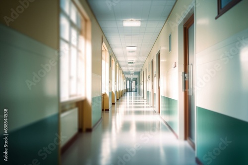 Blurred upscale hospital corridor with abstract focus. Generative AI