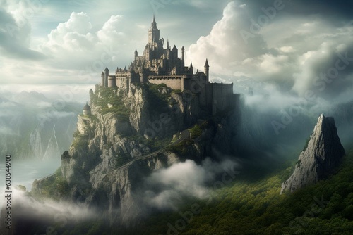 A majestic fantasy stronghold integrated into a mountain amidst cloudy skies. Generative AI