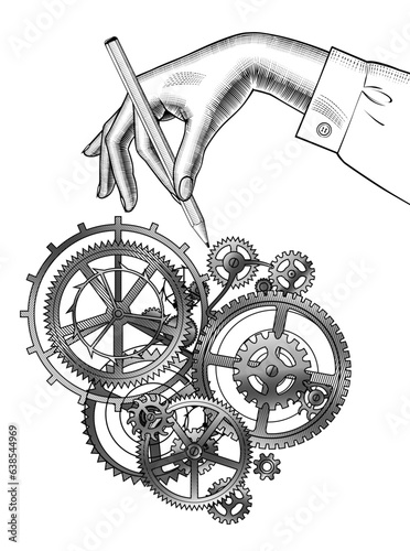 Woman's hand with a pencil and clockwork gears. Pencil and drawn sketches of the gear mechanism. Vintage engraving stylized drawing. Vector illustration