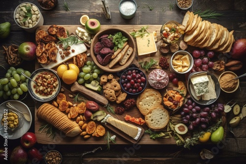 An aerial shot of a party platter with nutritious and enjoyable snacks and condiments  perfect for a lively tailgate gathering with loved ones during football season. Generative AI