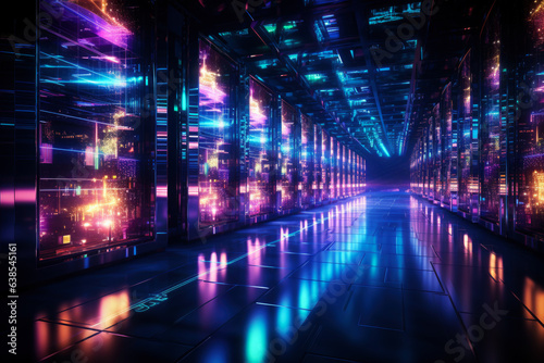 Server racks in computer network security server room, futuristic data center