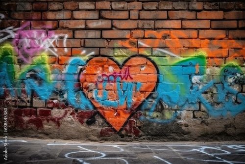 Heart-shaped graffiti in various colors on brick surface as love symbol. Generative AI