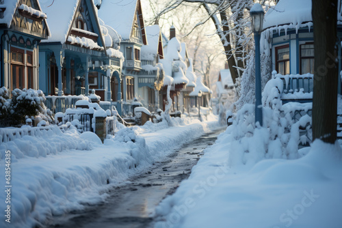 Snow covered street in the suburbs in winter on New Year's Eve © staras