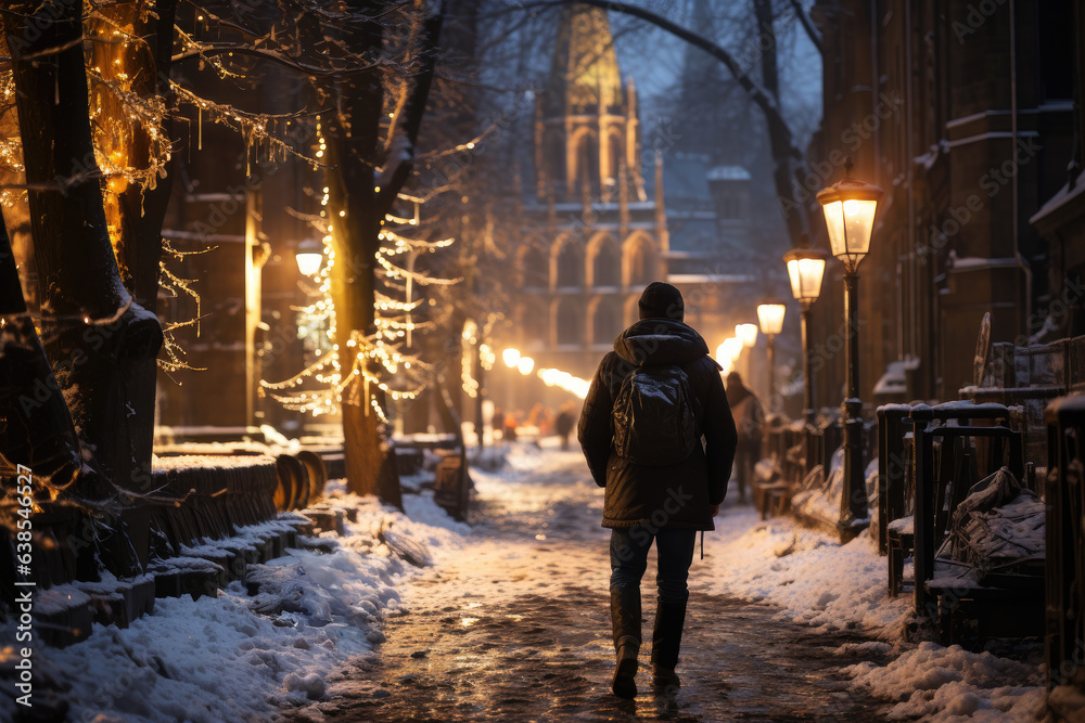 A man walks on winter snowy street with luminous lanterns, urban landscape