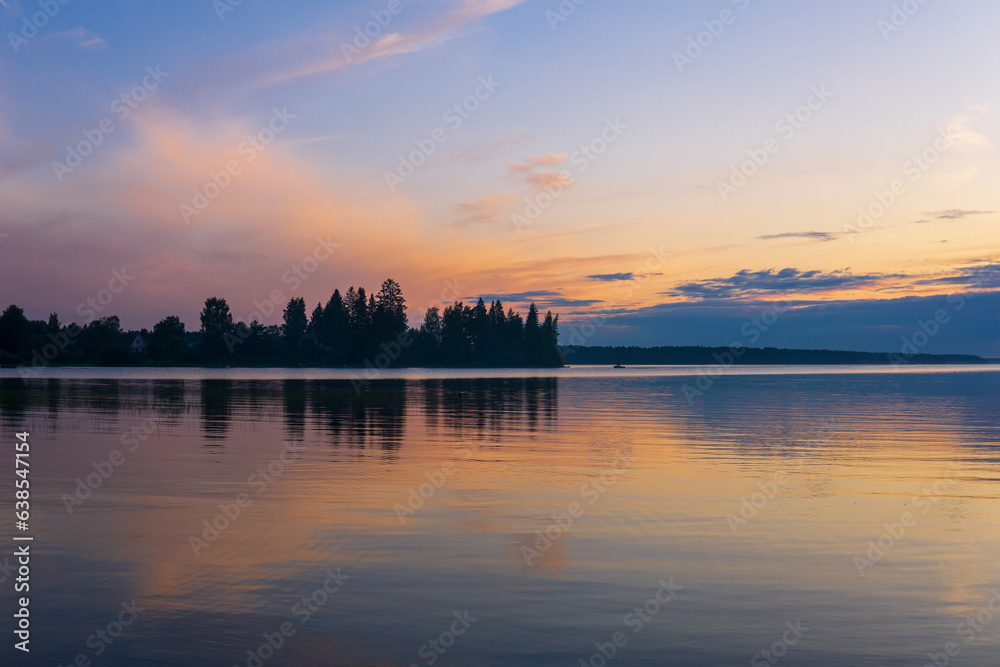 natural landscape, white night over the wide northern lake