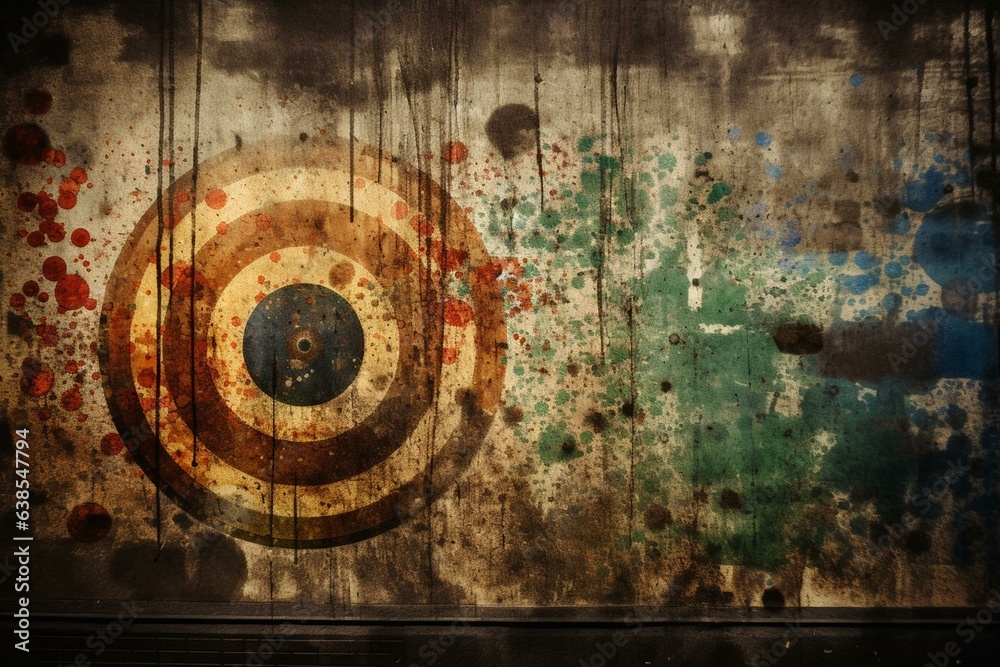 Bullet-riddled target against grungy backdrop. Generative AI