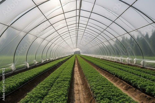 Vast greenhouses cultivate veggies and fruits. Field-based agriculture. Generative AI