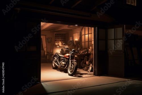 Dimly lit garage housing a motorcycle. Generative AI