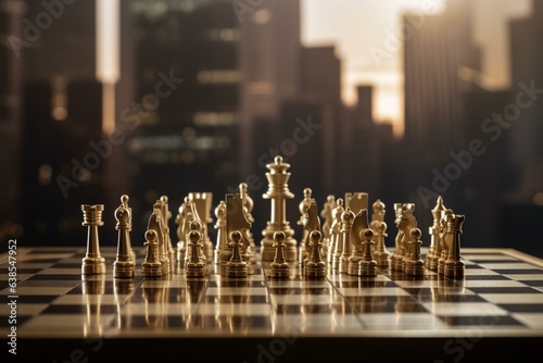 Cityscape backdrop with gold chess pieces on a board, representing leadership and business concepts. Generative AI