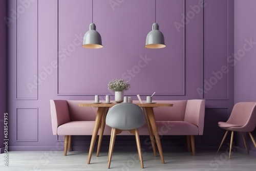 Purple and lavender colors, mockup painted wall for art, dining table with four seats, modern restaurant or home kitchen, VIP area in a lounge. Generative AI