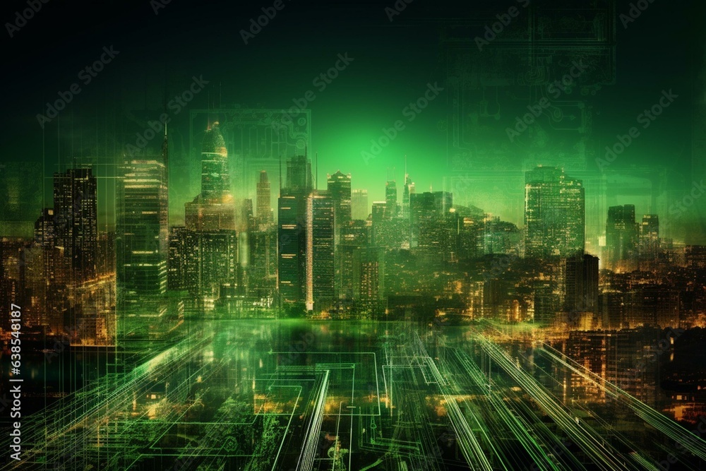 Futuristic city with green technology on circuit board backdrop. Generative AI