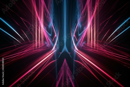 An abstract design featuring neon pink and blue colors with lasers and glowing lines of light. Generative AI