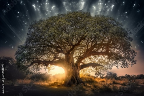 Enchanting tree radiating light beneath majestic sky. Generative AI