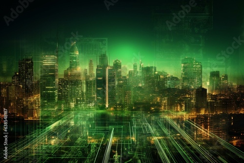 Futuristic city with green technology on circuit board backdrop. Generative AI