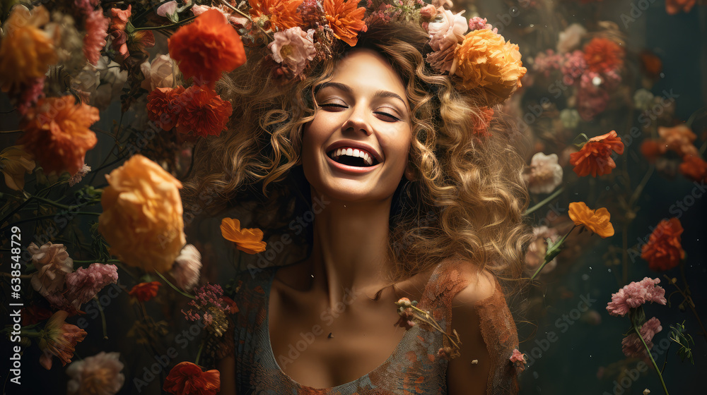 Woman portrait with flowing brown hair, eyes closed and flowers exploding from behind her. Woman portrait with flowing brown hair, eyes closed and flowers exploding from behind her.