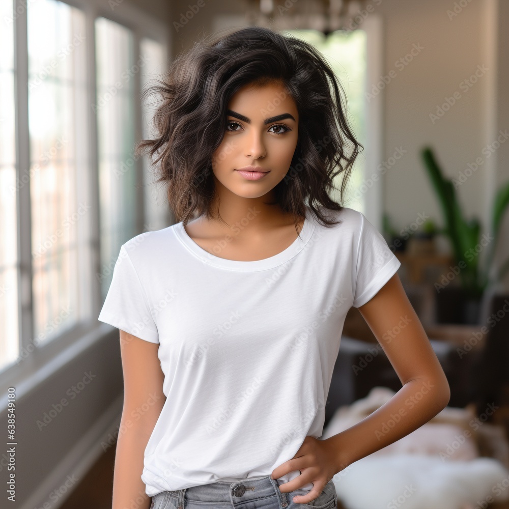 attractive female at home smiling and laughing wearing a white tshirt for mock up promotion attractive female at home smiling and laughing wearing a white tshirt for mock up promotion