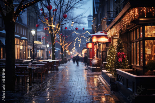 Night city winter snowy street decorated with luminous garlands and lanterns for christmas, urban preparations for new year