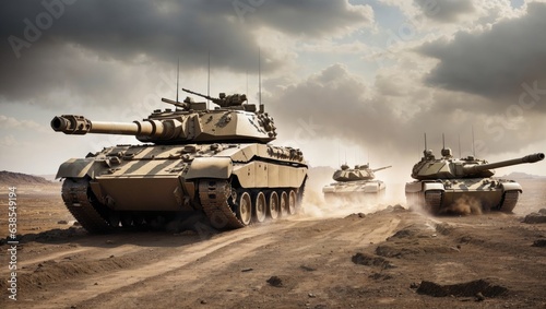 Fotografiet "Unstoppable Advance: Army Tanks Forge Ahead on Rugged Battlefield"