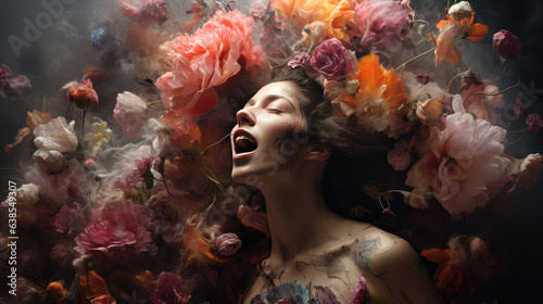 Woman portrait with flowing brown hair, eyes closed and flowers exploding from behind her.