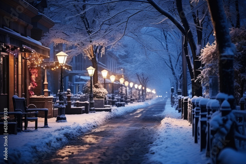 Snow covered street decorated with lanterns in the suburbs in winter on New Year's Eve © staras