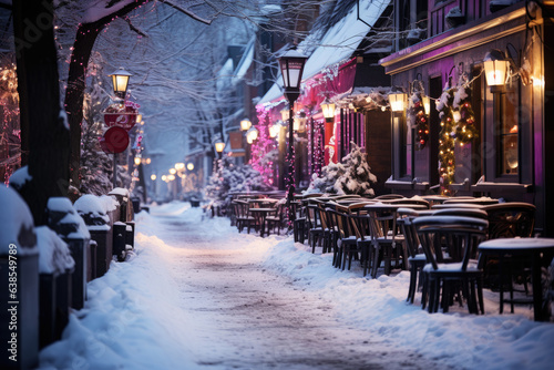 Night city winter snowy street decorated with luminous garlands and lanterns for christmas, urban preparations for new year