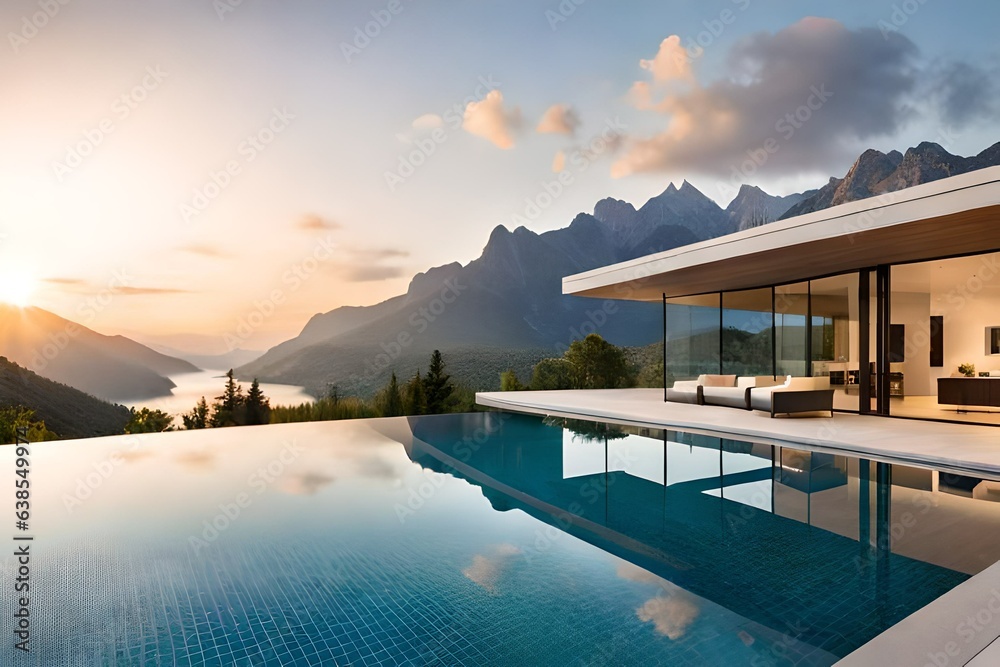 The modern exterior of a luxurious villa, designed with minimalistic elegance. The villa stands amidst towering mountains, its glass façade reflecting the breathtaking natural surroundings.