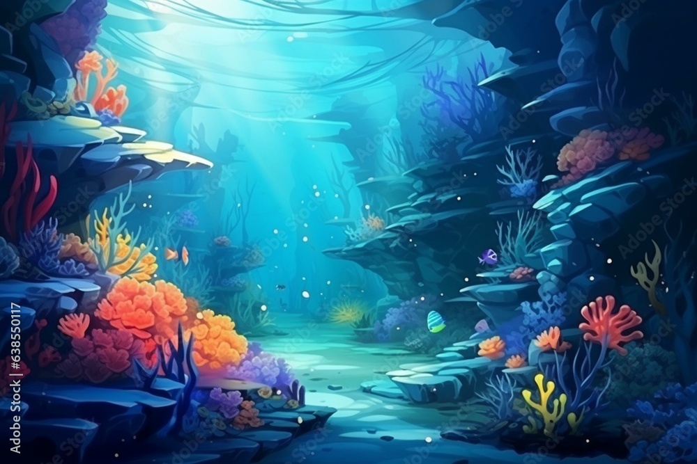 Stunning underwater seascape with corals, plants and exotic marine life - perfect for posters, flyers & ads. Generative AI