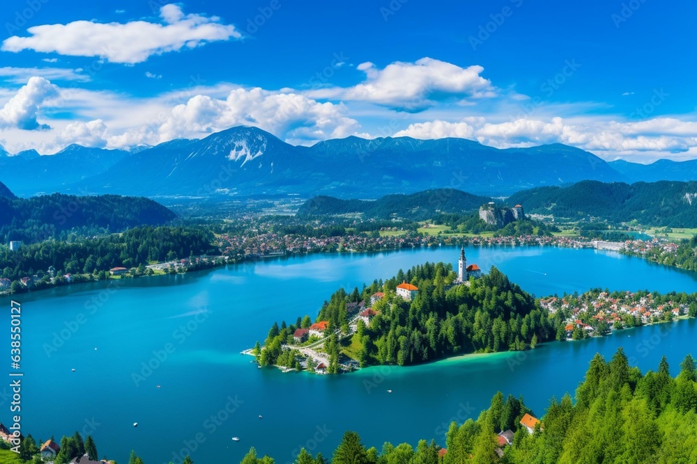 Aerial view of Bled Castle, Lake Bled, Church and Julian Alps on summer day in Slovenia. Generative AI