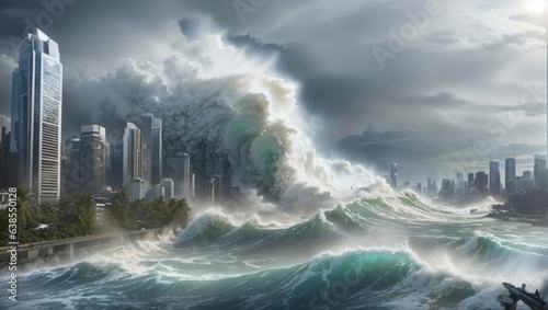 "Apocalyptic Deluge: Devastating Tsunami Engulfs Skyscraper-Dotted Cityscape"