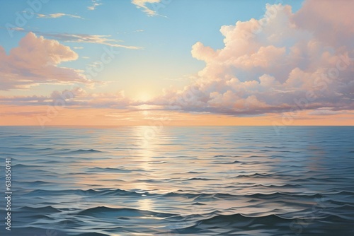 A vast seascape of calm waters reflecting the sun and forming gentle ripples, under a cloudless sky basked in warm sunlight. Generative AI