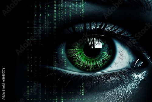 A high-tech eye with a backdrop of illuminated green digital code. Generative AI