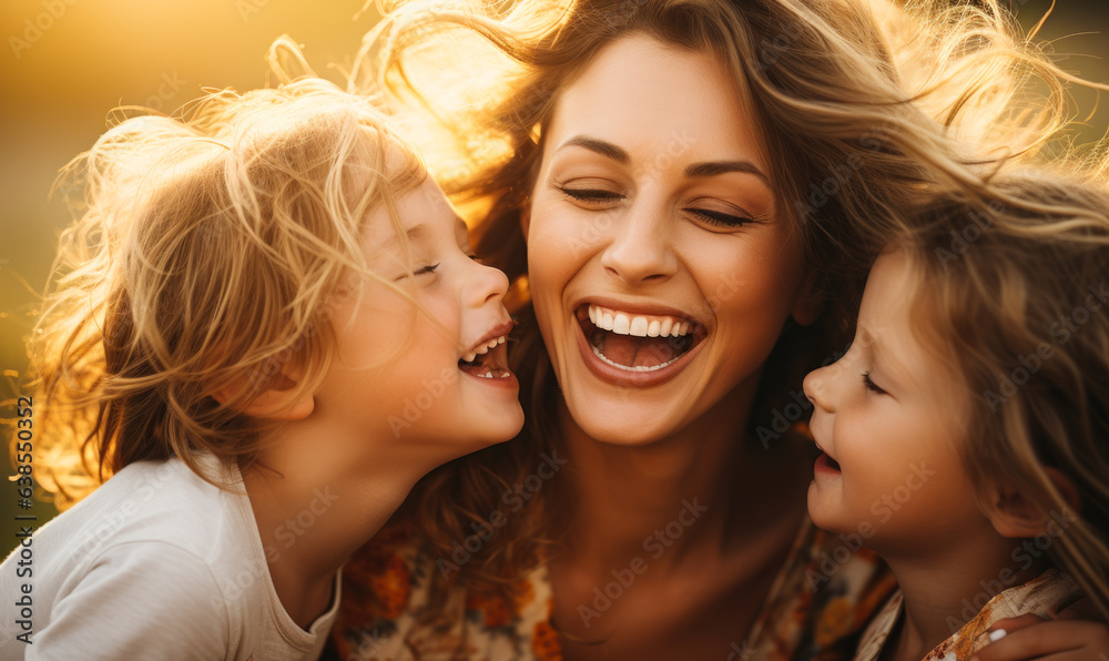 Motherhood, Joy and Happiness, Kids Kissing Her Cheeks at Sunset