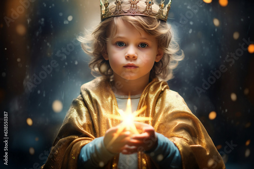 Leinwand Poster Generative AI picture small God child kid in golden crown symbolizing Jesus glor