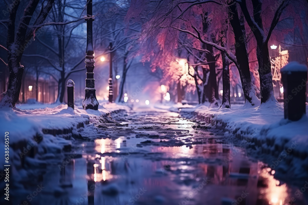 Snow-covered winter alley in the park at night, a path among trees covered with frost, cold season wallpaper
