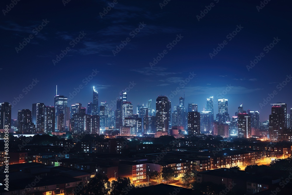 Cityscape View with Skyscrapers Glowing at Night