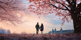 Soulmates silhouetted overlooking a city skyline with blossoms on branches in the foreground
