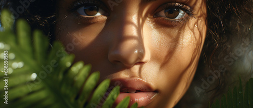 Fototapeta Naklejka Na Ścianę i Meble -  Generative AI picture of beautiful woman among tropical plants exotic palms in green jungle