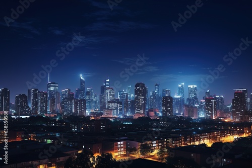 Cityscape View with Skyscrapers Glowing at Night