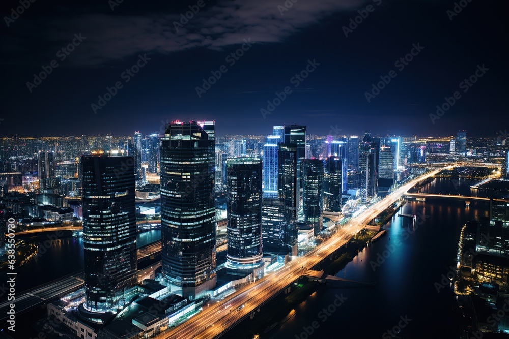 Fototapeta premium Cityscape at Night: Skyscrapers in the Spotlight